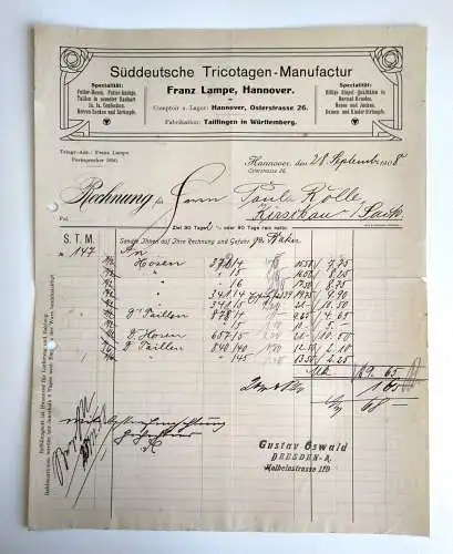 Alte Rechnung 1908 Süddeutsche Tricotagen Manufactur Hannover
