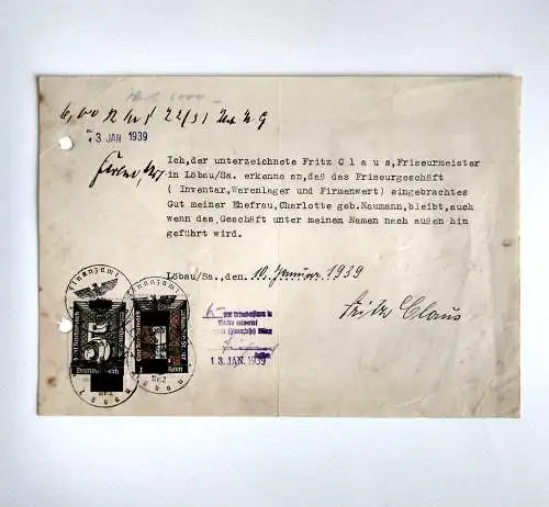Altes Dokument Anerkennung Friseurmeister Löbau 1939