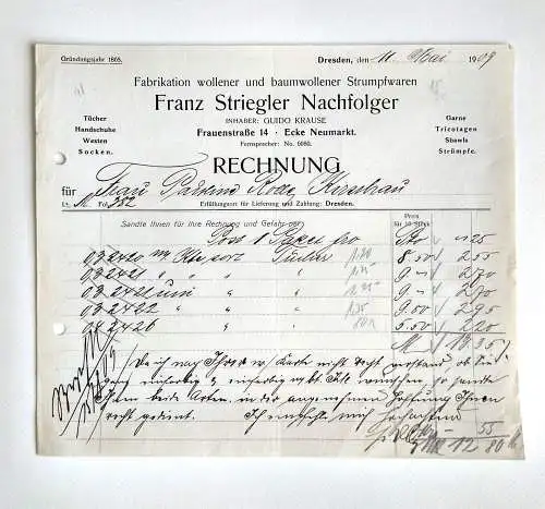 Alte Rechnung Franz Striegler Fabrikation Wolle Strumpfwaren 1909 Dresden