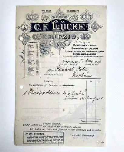 Alte Quittung C. F. Lücke 1909 Leipzig Verlag