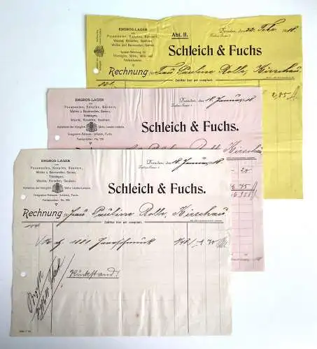 3x alte Rechnung Schleich & Fuchs 1910 Engros Lager