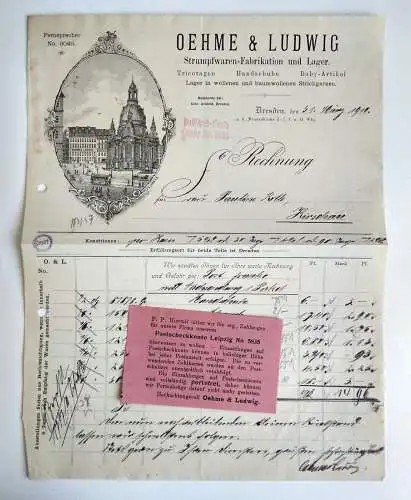 Rechnung Oehme & Ludwig Strumpfwaren Fabrikation und Lager Dresden 1910