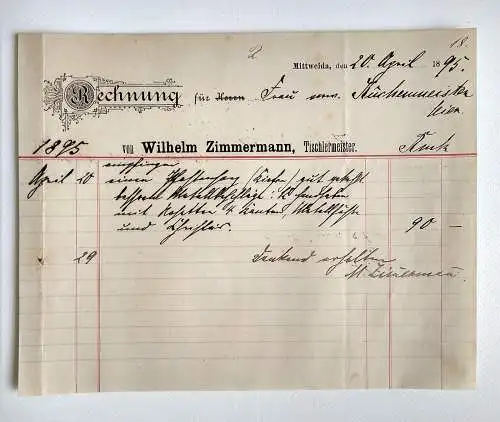Alte Rechnung 1895 Tischlermeister Mittweida