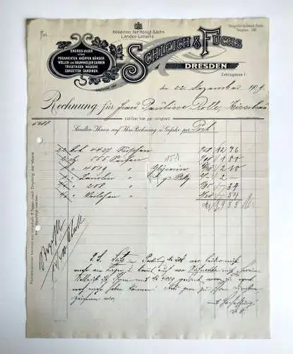 Schleich & Fuchs Dresden Engros Lager 1909 alte Rechnung Lithi Briefkopf