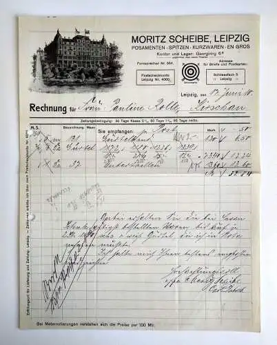 LithoRechnung Moritz Scheibe Leipzig Kurzwaren Engros 1910