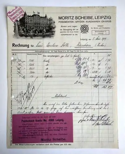 Moritz Scheibe Leipzig 1909 Posamenten Spitzen Kurzwaren Engros Rechnung