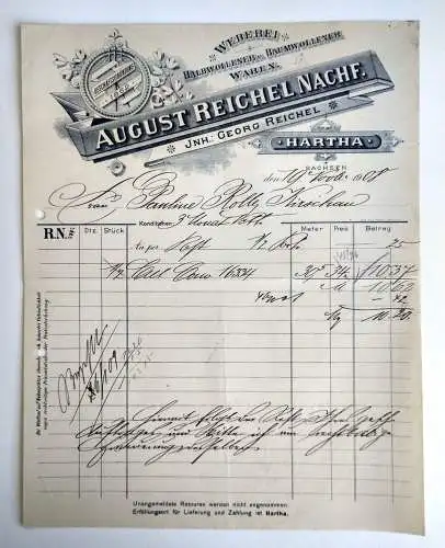 August Reichel Nachfolger Weberei 1908 Hartha alte Litho  Rechnung