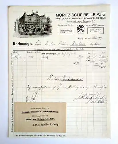 Moritz Scheibe Leipzig Kurzwaren Engros Rechnung 1909 Litho