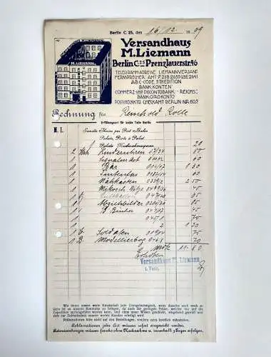 Versandhaus M. Liemann alte Rechnung 1909 Berlin