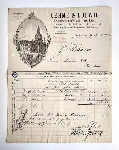 Oehme & Ludwig Strumpfwaren Fabrikation Dresden Rechnung 1910