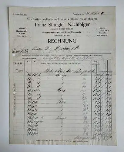Alte Rechnung 1909 Franz Striegler Dresden Fabrikation Wolle