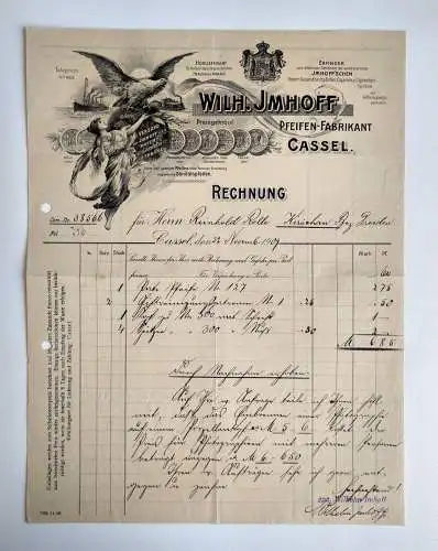 Litho Rechnung 1909 Wilhelm Jamhoff Pfeifen Fabrikant Cassel