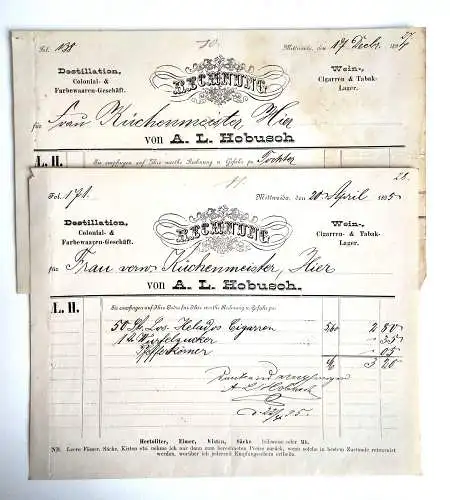 2x Rechnung 1897 Destillation Colonial Farbwaren Geschäft Mittweida