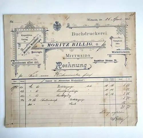 Alte Rechnung Moritz Billig Buchdruckerei 1893 Mittweida