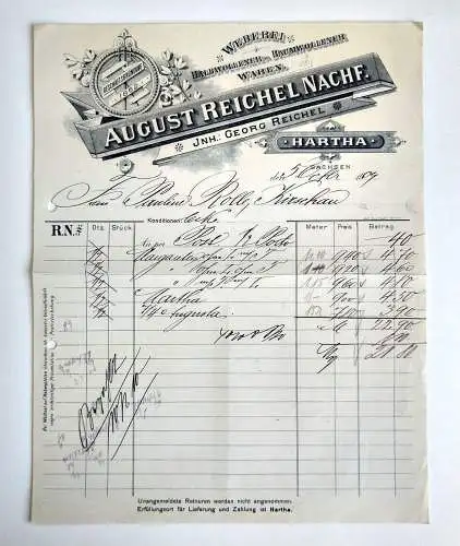 Litho Rechnung August Reichel Nachfolger Weberei 1908 Hartha