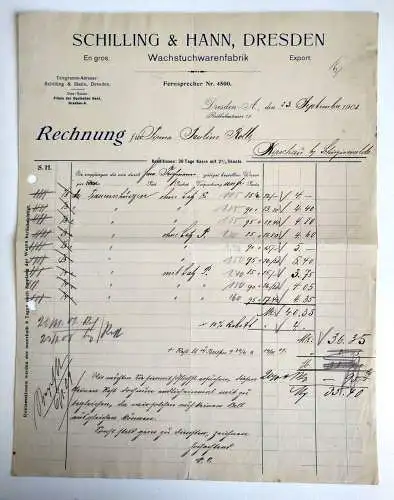 Rechnung Schilling & Hahn Dresden 1908 Wachstuchwarenfabrik