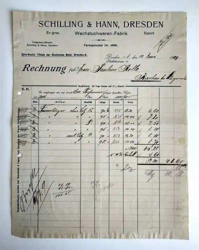 Schilling & Hahn Dresden 1908 Wachstuchwarenfabrik alte Rechnung