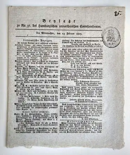 Beilage des hamburgischen unparteiischen Correspondenten 1825 alte Zeitung