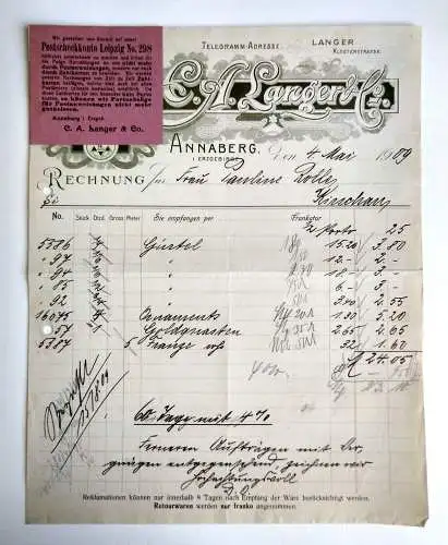 Rechnung 1909 altes Dokument Langer Annaberg Gürtel Litho Briefkopf