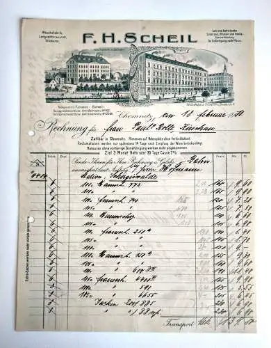Alte Litho Rechnung 1910 F.H. Scheil Leib und Bettwäsche Chemnitz