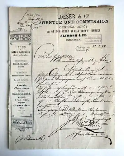 Altes Dokument Agentur und Comission Altmann Dresden 1894