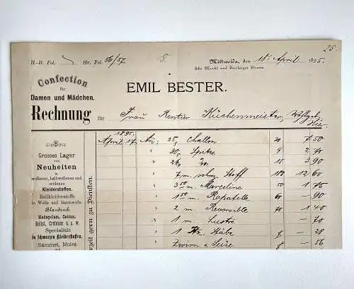Alte Rechnung Confection Damen und Mädchen 1895 Mittweida Emil Bester