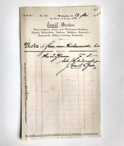 Alte Quittung Mittweida 1895 Emil Bester Damenconfection