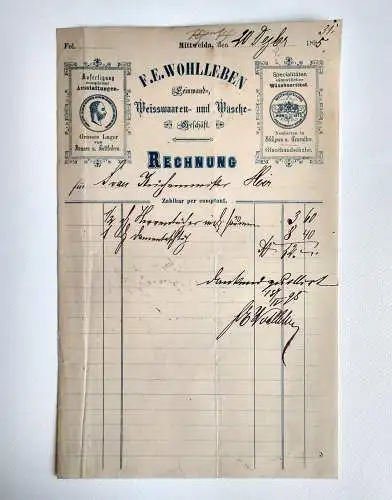 Alte Rechnung 1895 Mittweida Weisswaren und Wäsche Geschäft