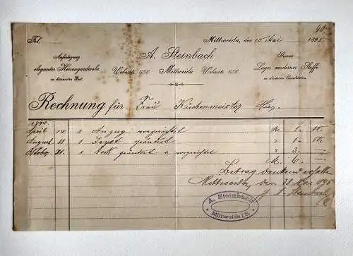 Alte Rechnung Mittweida 1895 Anfertigung Herrengarderobe
