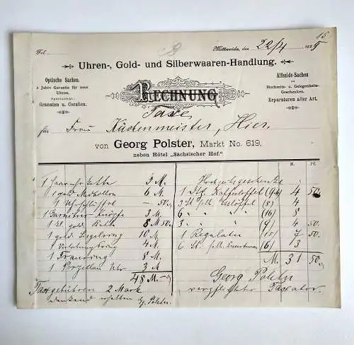 Uhren Gold Silberwaren Handlung Rechnung Mittweida 1895