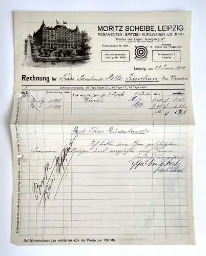 Rechnung Moritz Scheibe Leipzig Posamenten Kurzwaren 1910