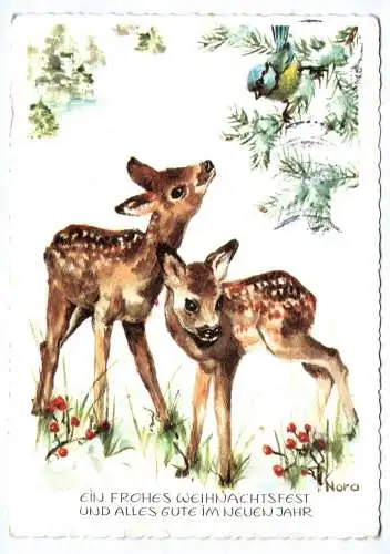 Künstler Ak Nora junge Rehe Kitz fröhliches Weihnachtsfest und Neujahr 1968