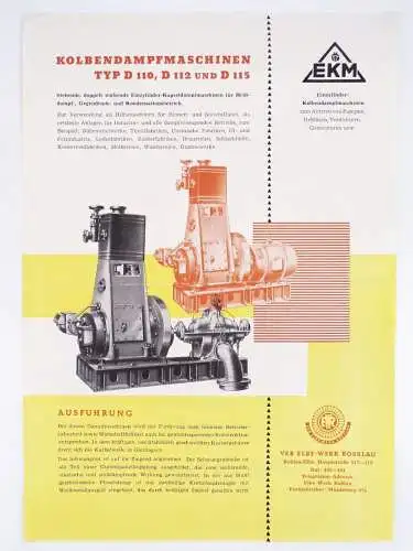 Reklame Blatt Kolben Dampfmaschine Typ D100 D112 D115 EKM VEB Elbe Werk Rosslau