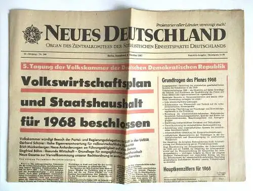 Alte Zeitung Neues Deutschland 1967 Volkswirtschaftsplan Belin