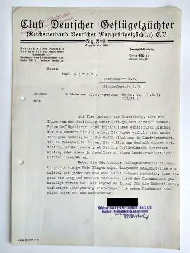 Dokument Club Deutscher Geflügelzüchter 1933