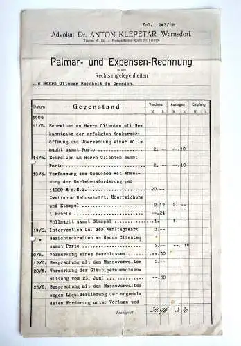 Palmar und Expensen Rechnung Advokat Anton Klepetar Warnsdorf Böhmen