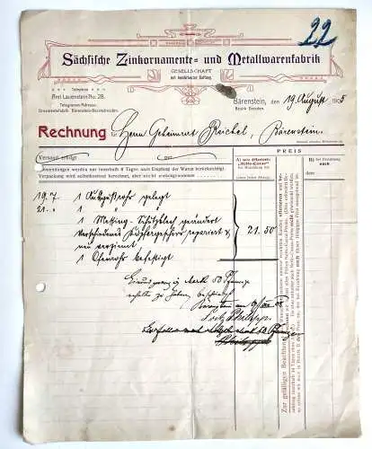 Sächsische Zinkornamente Metallwarenfabrik Bärenstein Rechnung 1905