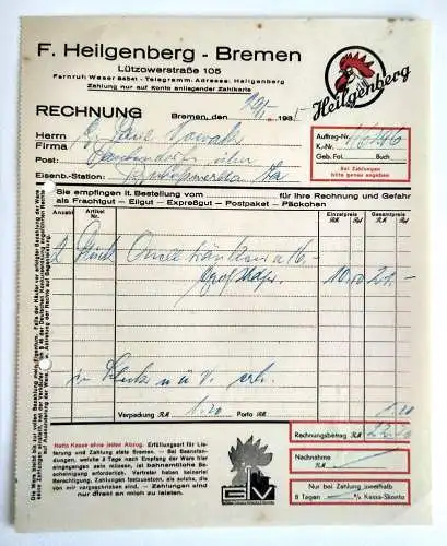 Heilgenberg Bremen alte Rechnung 1935