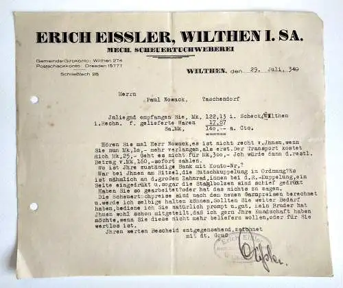 Erich Eissler Wilthen Sachsen Scheuertuchweberei Dokument 1934