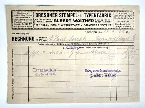 Dresdner Stempel Typenfabrik Albert Walther Rechnung 1924