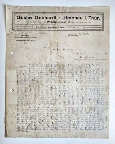 Altes Dokument Gustav Gebhardt Ilmenau in Thüringen 1920