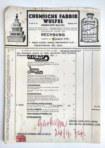 Alte Rechnung Chemische Fabrik Wülfel Hannover 1934