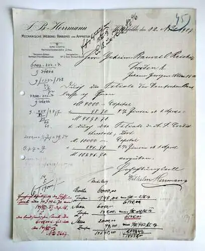 Alte Rechnung Mechanische Weberei Färberei Neumann Hirschfelde 1907