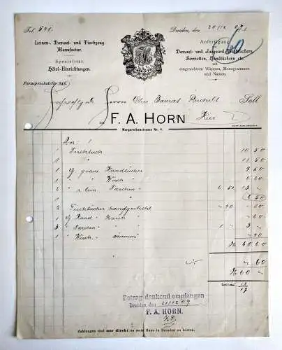 Rechnung Damast Fischzeug Manufaktur Dresden 1907
