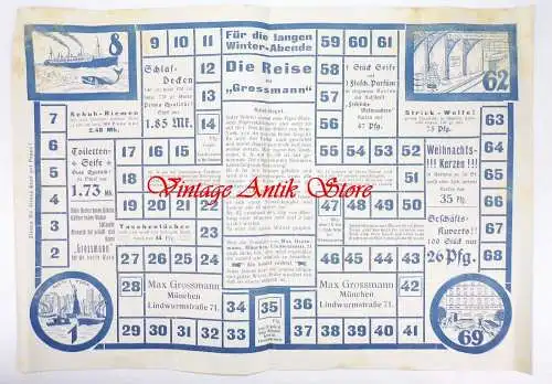 Reklame Spielbrett Die Reise zu Grossmann München Lindwurmstraße 1910 er