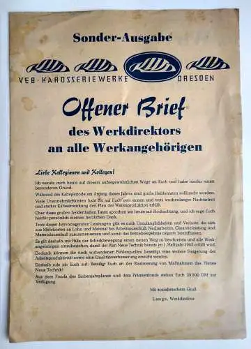 Offener Brief des Werkdirektors VEB Karosseriewerke Dresden 1963