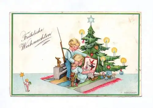 Künstler Ak Fröhliche Weihnachten Mutter mit Bajonett und Kind am Weihnachtsbaum