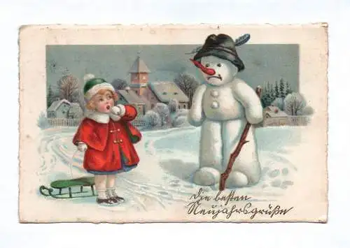 Künstler Ak Die besten Neujahresgrüße Mädchen mit Schlitten und Schneemann 1933