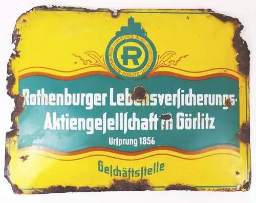 Altes Emailschild Rothenburger Lebensversicherung Görlitz um 1930 