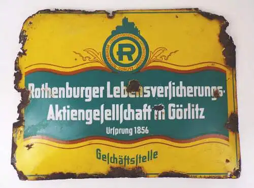 Altes Emailschild Rothenburger Lebensversicherung Görlitz um 1930 
